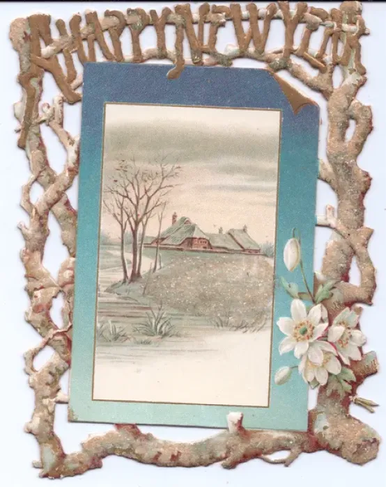 Framed Print : Snow scene and white flowers on a New Year card Framed Print : Snow scene and white flowers on a New Year card