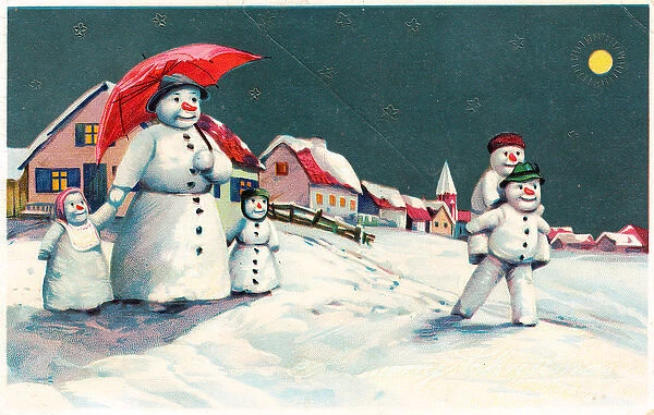 Snow woman and children on a Christmas postcard