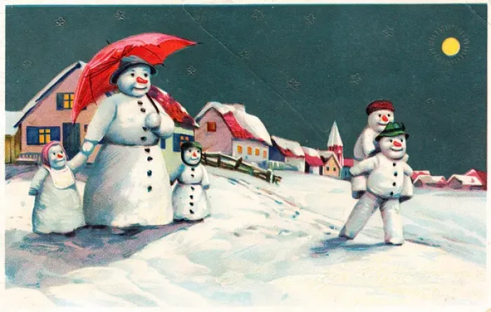 Framed Print : Snow woman and children on a Christmas postcard Framed Print : Snow woman and children on a Christmas postcard