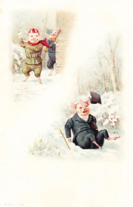 Framed Print : Snowballing pigs on a Christmas postcard Framed Print : Snowballing pigs on a Christmas postcard