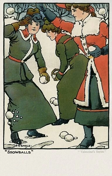Snowballs. Young women throwing snowballs in a winter scene. Artist: BH Smale Date: 1904