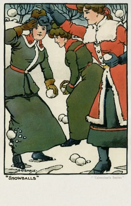Framed Print : Snowballs. Young women throwing snowballs in a winter scene. Artist: BH Smale Date: 1904 Framed Print : Snowballs. Young women throwing snowballs in a winter scene. Artist: BH Smale Date: 1904