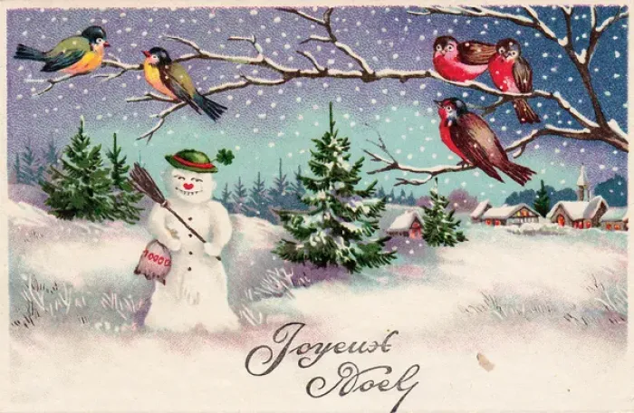 Framed Print : Snowman with birds on a French Christmas postcard Framed Print : Snowman with birds on a French Christmas postcard
