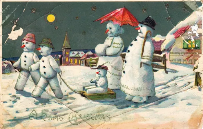 Framed Print : Snowman and family on a Christmas postcard Framed Print : Snowman and family on a Christmas postcard