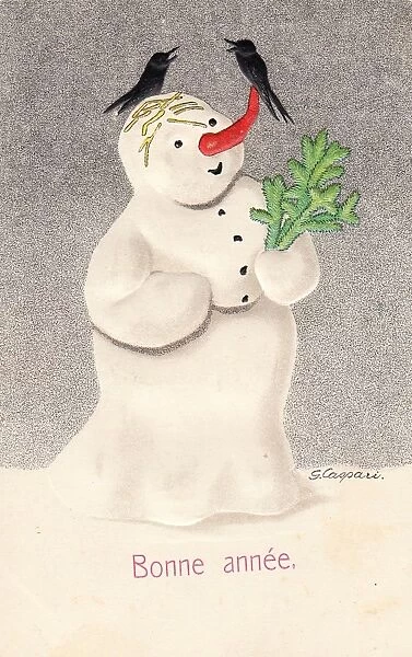 Snowman on a French New Year postcard