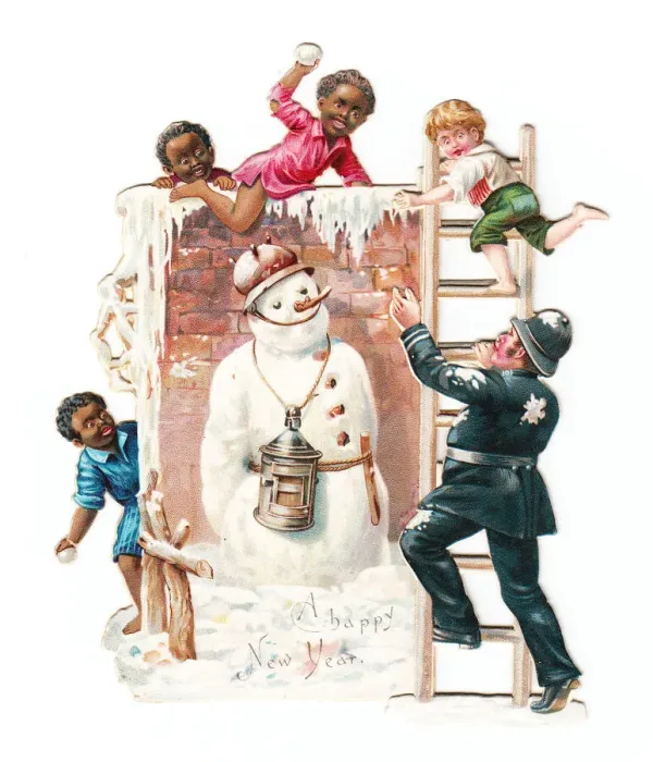 Framed Print : Snowman, policeman and boys on a cutout New Year card Framed Print : Snowman, policeman and boys on a cutout New Year card