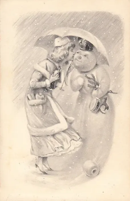 Framed Print : Snowman and young woman on a Christmas postcard Framed Print : Snowman and young woman on a Christmas postcard