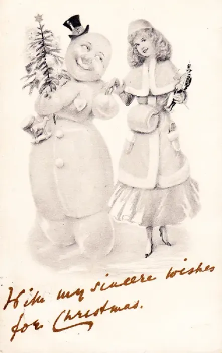Framed Print : Snowman and young woman on a Christmas postcard Framed Print : Snowman and young woman on a Christmas postcard