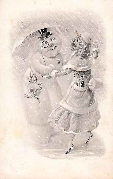 Snowman and young woman on a Christmas postcard