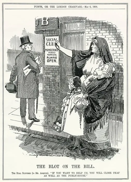 Framed Print : Social clubs are even more of a menace to society than pubs - or so a working class wife is represented as telling Asquith when he introduces his licensing bill for pubs Date: 1908 Framed Print : Social clubs are even more of a menace to society than pubs - or so a working class wife is represented as telling Asquith when he introduces his licensing bill for pubs Date: 1908