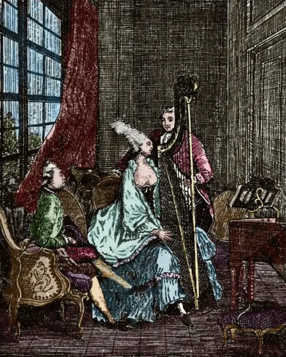 Framed Print : Society. 18th century. Musician. Harpist. Engraving. Colored Framed Print : Society. 18th century. Musician. Harpist. Engraving. Colored