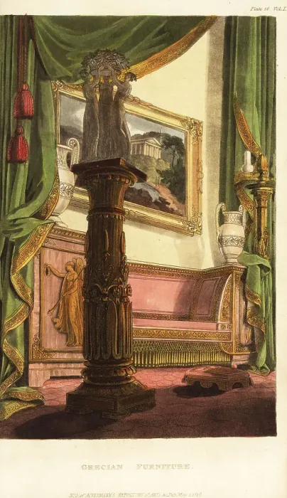 Framed Print : Sofa, monopodium, sculpture, urns, painting and draperies in Framed Print : Sofa, monopodium, sculpture, urns, painting and draperies in
