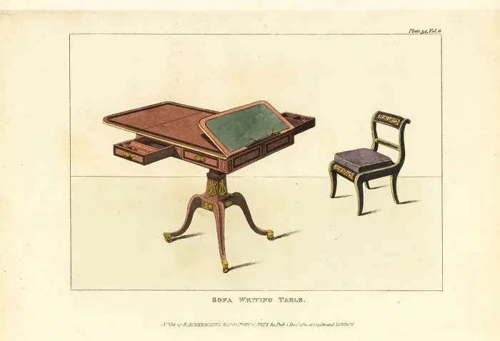 Framed Print : Sofa writing table and Trafalgar chair, 1811 Framed Print : Sofa writing table and Trafalgar chair, 1811