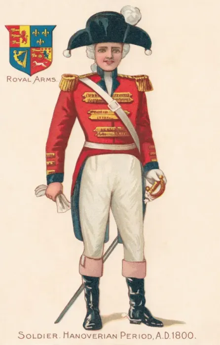 Framed Print : A soldier from the Hanoverian period, AD1800, and the royal coat of arms Framed Print : A soldier from the Hanoverian period, AD1800, and the royal coat of arms
