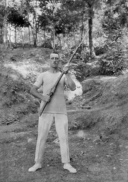 Soldier with bayoneted rifle, India