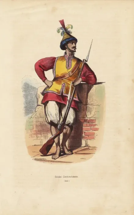 Framed Print : Soldier of Cochinchine (Vietnam) carrying a musket Framed Print : Soldier of Cochinchine (Vietnam) carrying a musket