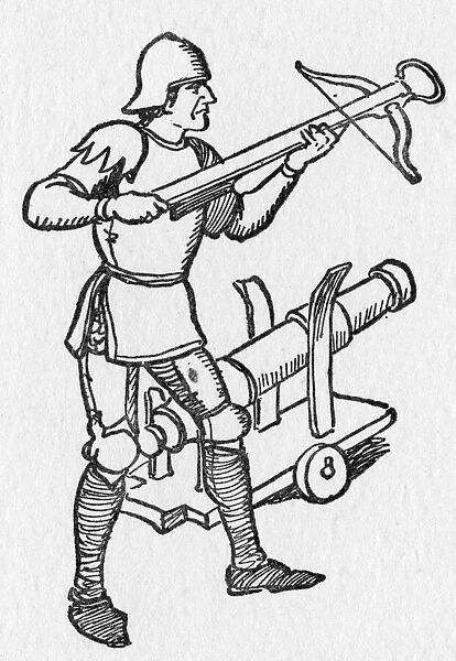 Soldier with a crossbow and one of the first cannons