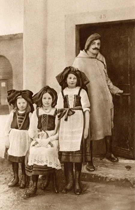 Framed Print : Soldier with three girls, Alsace, France Framed Print : Soldier with three girls, Alsace, France