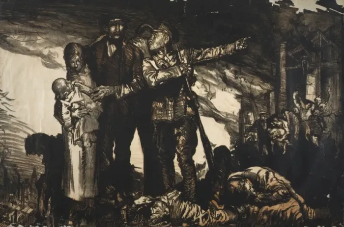 Framed Print : Soldier giving direction to a family, amid chaos and destruc Framed Print : Soldier giving direction to a family, amid chaos and destruc