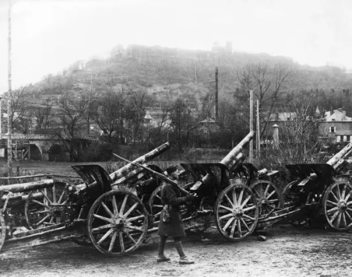 Framed Print : Soldier guarding captured guns, Montmedy, France Framed Print : Soldier guarding captured guns, Montmedy, France