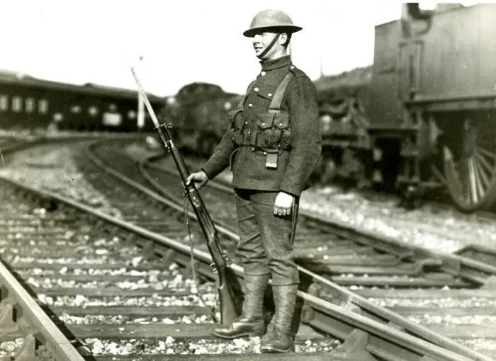 Framed Print : Soldier guarding line at Slough during railway strike Framed Print : Soldier guarding line at Slough during railway strike