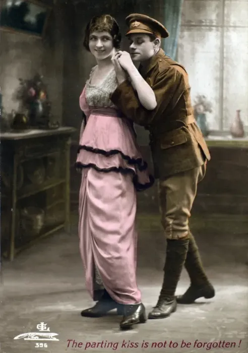 Framed Print : Soldier standing behind a young lady - Postcard Framed Print : Soldier standing behind a young lady - Postcard