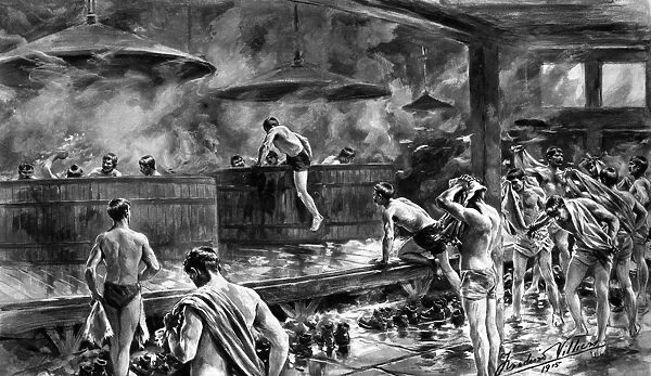 Soldiers bathing in a brewery during World War I