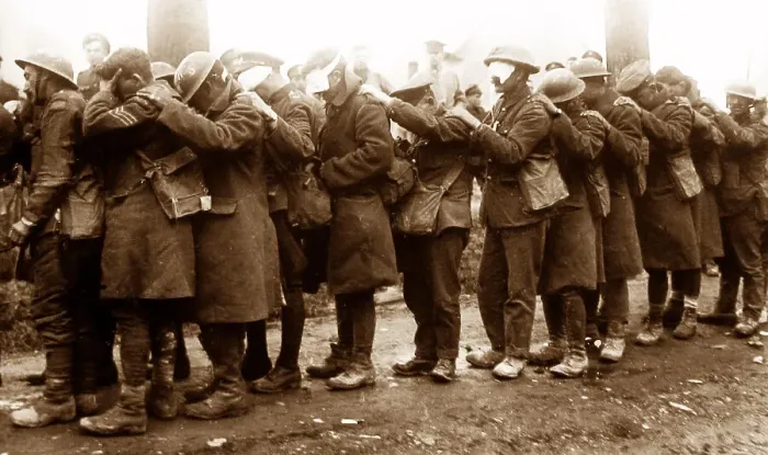 Framed Print : Soldiers blinded by tear gas near Bethune, 10th April 1918 Framed Print : Soldiers blinded by tear gas near Bethune, 10th April 1918