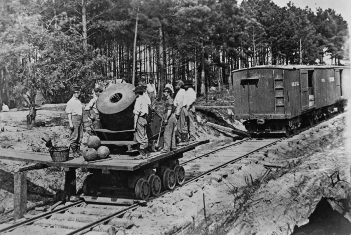Framed Print : Soldiers with cannon on small railroad car Framed Print : Soldiers with cannon on small railroad car