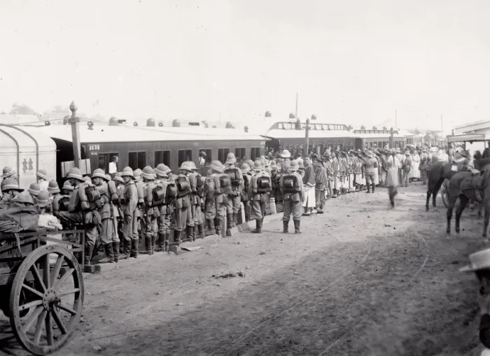 Framed Print : Soldiers and Chinese at train station, Peking, Beijing, 1900 Framed Print : Soldiers and Chinese at train station, Peking, Beijing, 1900