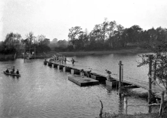 Framed Print : Soldiers constructing Bailey Bridge across river Framed Print : Soldiers constructing Bailey Bridge across river