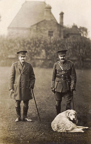 Two soldiers with a dog in a garden
