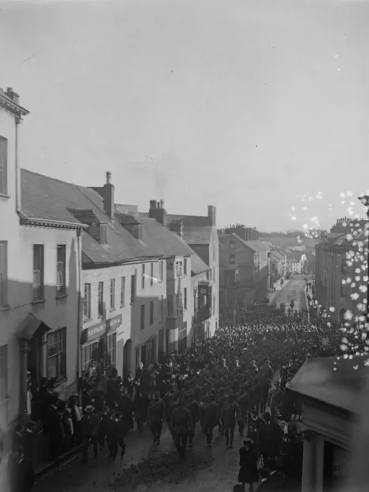 Framed Print : Soldiers march up High Street, Haverfordwest, South Wales Framed Print : Soldiers march up High Street, Haverfordwest, South Wales