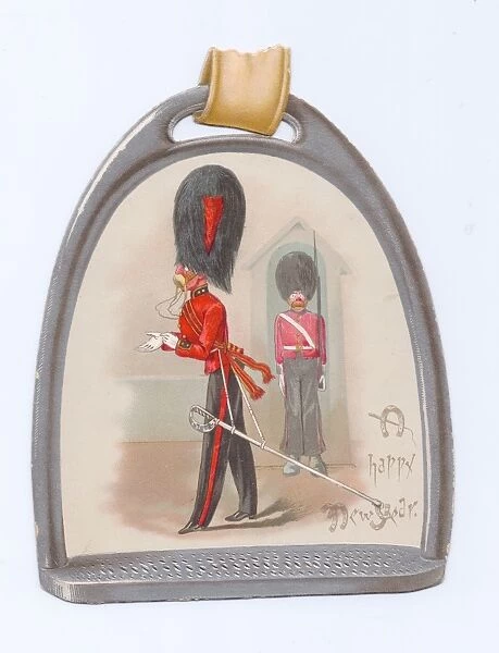 Two soldiers on a stirrup-shaped New Year card