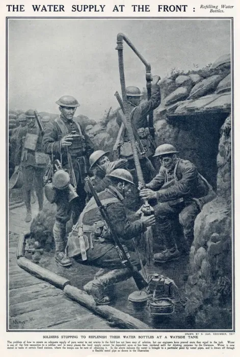 Framed Print : Soldiers stopping to replenish their water bottles, this could be filled at certain fixed Framed Print : Soldiers stopping to replenish their water bottles, this could be filled at certain fixed