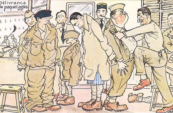 Soldiers trying on uniforms on a comic French postcard