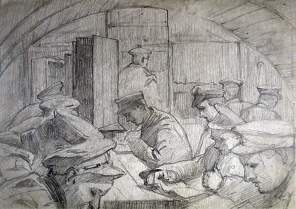 Soldiers writing, reading and relaxing in a Nissen hut