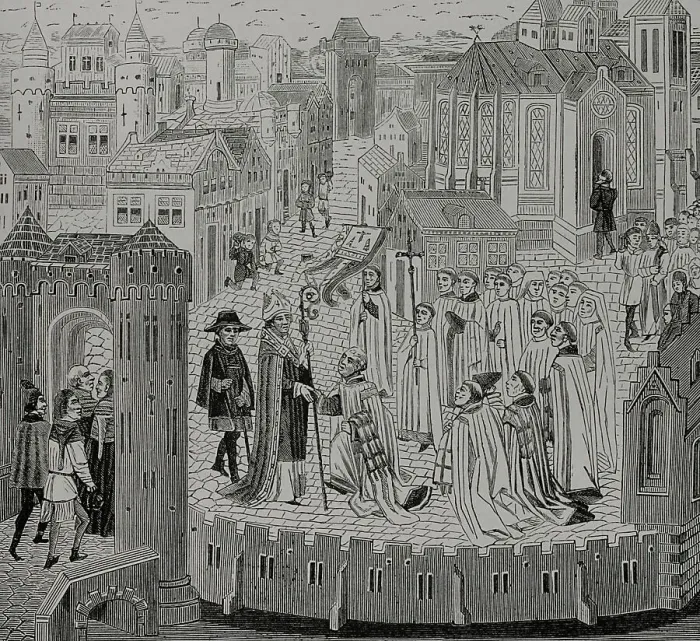 Framed Print : Solemn reception of a bishop. Arrival of Gaugericus Framed Print : Solemn reception of a bishop. Arrival of Gaugericus