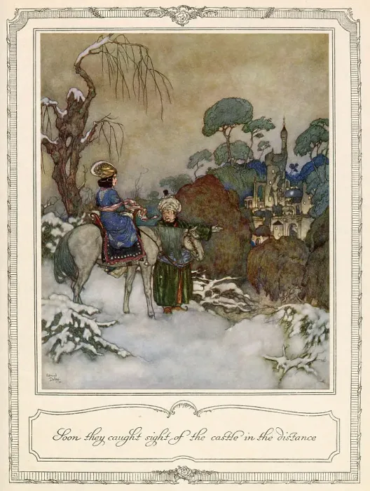 Framed Print : Soon they caught sight of the calendar in the distance. Beauty is brought to the Beast's castle by her father. Scene from Beauty and the Beast illustrated by Edmund Dulac. Date: 1911 Framed Print : Soon they caught sight of the calendar in the distance. Beauty is brought to the Beast's castle by her father. Scene from Beauty and the Beast illustrated by Edmund Dulac. Date: 1911