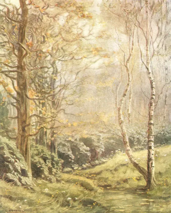 Framed Print : Sous Bois. A landscape painting of a clearing of grass