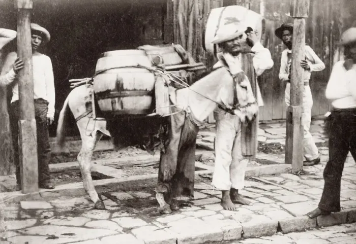 Framed Print : South America, pack horse with its load and handler Framed Print : South America, pack horse with its load and handler