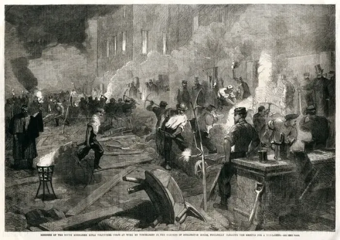 Framed Print : South Middlesex Rifles clearing ground at Burlington House Framed Print : South Middlesex Rifles clearing ground at Burlington House