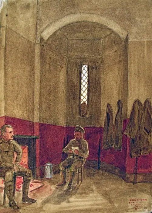 Framed Print : Southern Guard Room, Alexandra Palace - 2 soldiers by fire