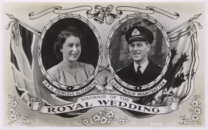 Framed Print : Souvenir postcard, Wedding, Elizabeth and Philip Mountbatten Framed Print : Souvenir postcard, Wedding, Elizabeth and Philip Mountbatten