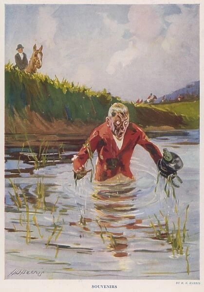 Souvenirs. A man who has fallen into a pond whilst on a hunt. Date: 1928