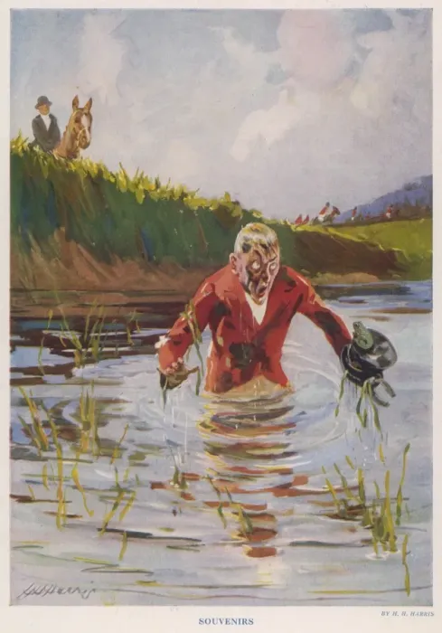 Framed Print : Souvenirs. A man who has fallen into a pond whilst on a hunt. Date: 1928 Framed Print : Souvenirs. A man who has fallen into a pond whilst on a hunt. Date: 1928