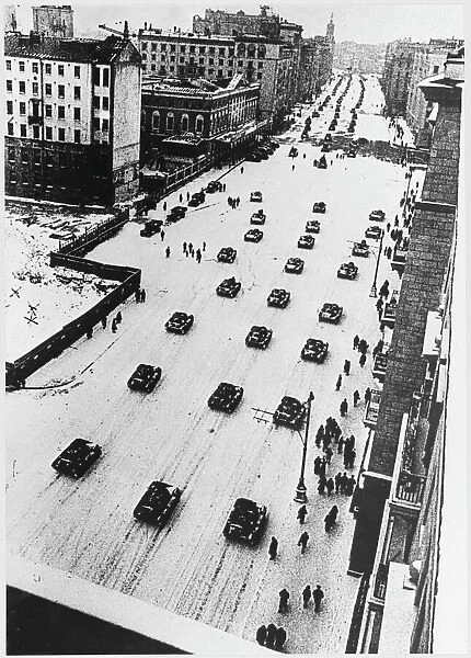 Soviet Tank Parade. Tanks leave Moscow after a parade, going straight to the front-line