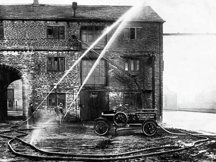 Framed Print : Sowerby Bridge Canal Wharf Fire Engine early 1900s Framed Print : Sowerby Bridge Canal Wharf Fire Engine early 1900s