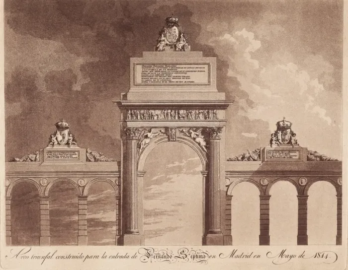 Framed Print : Spain (1814). Triumphal arch built for the entrance Framed Print : Spain (1814). Triumphal arch built for the entrance
