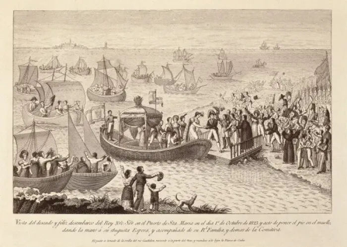 Framed Print : Spain (1823). Ferdinand VII of Spain disembarks Framed Print : Spain (1823). Ferdinand VII of Spain disembarks